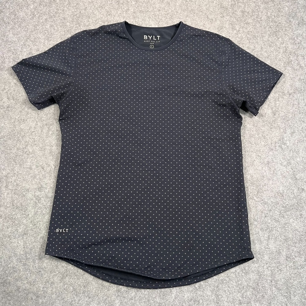 Bylt Navy Blue Gray Polka Dot Drop Cut Short Sleeve Top Women's Size Large